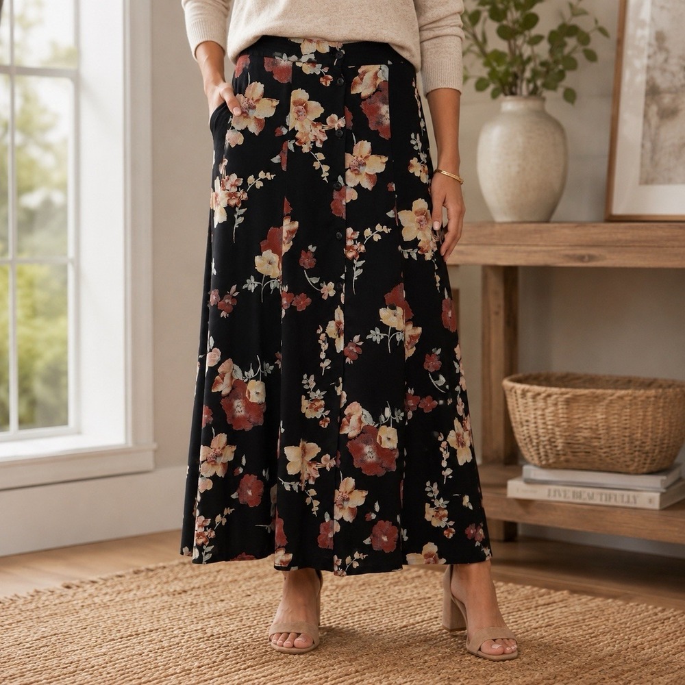 Vintage Metropolitan New York Black Floral Maxi Skirt Cottagecore Feminine M